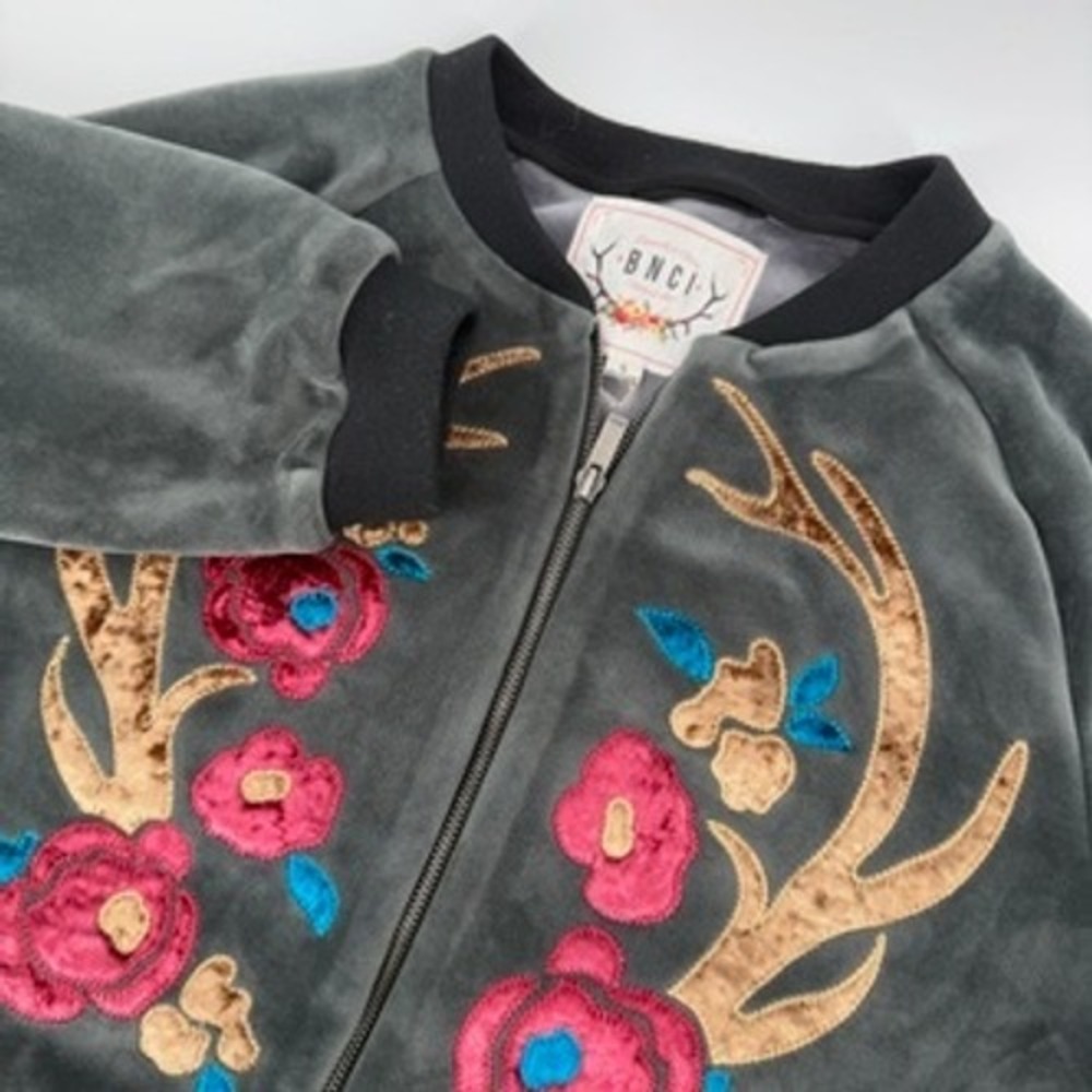 BNCI Womens Grey Velvet Floral Antler Embroidered Bomber Jacket NLJ14320 Small